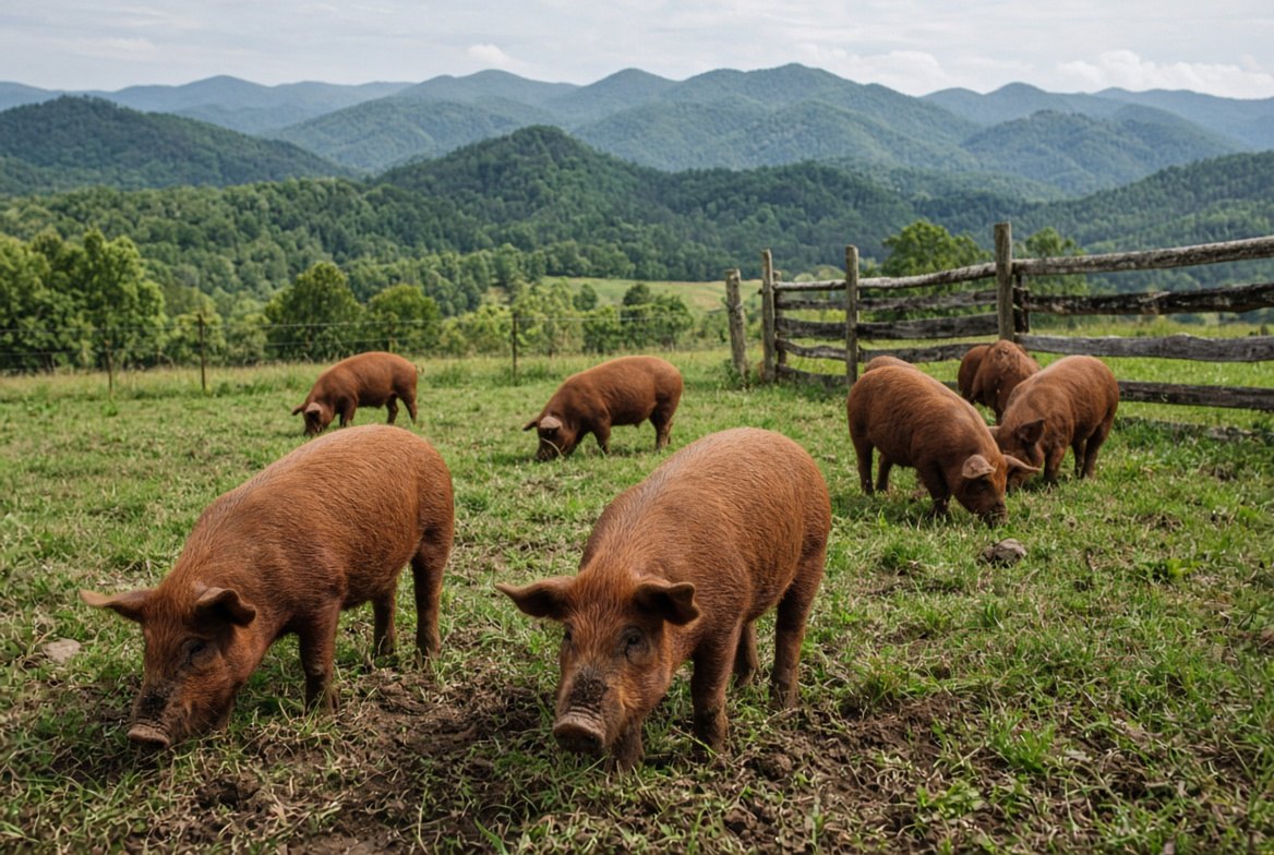 Red Duroc pigs in a mountain paddock