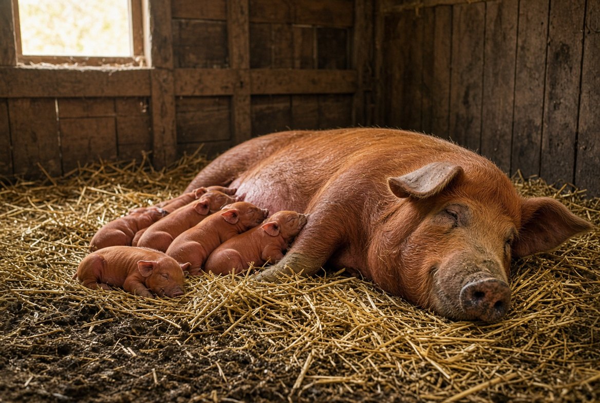 Red Duroc sow with piglets